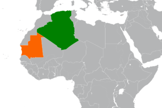 Carte situant l'Algérie et la Mauritanie, voisines au nord-ouest de l'Afrique