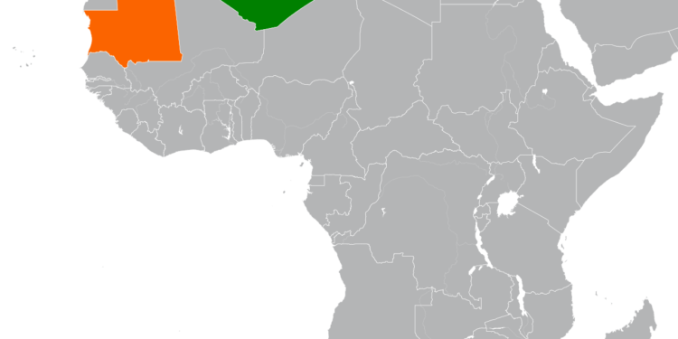 Carte situant l'Algérie et la Mauritanie, voisines au nord-ouest de l'Afrique