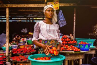 Une vendeuse présente des tomates fraîches sur un étal de marché en plein air