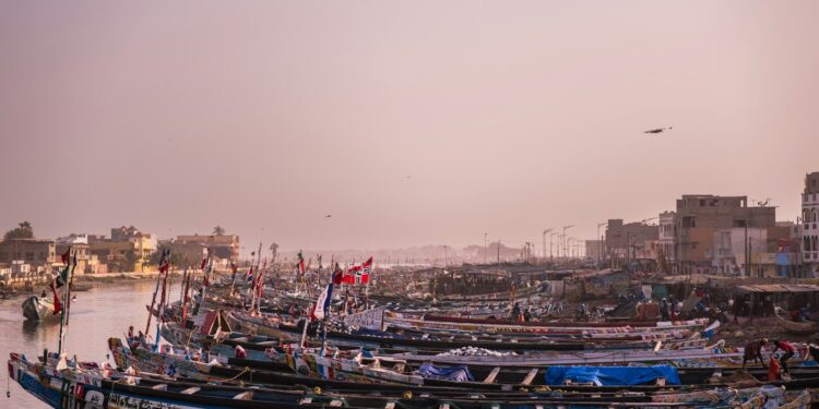 Des pirogues colorées amarrées en grand nombre dans un port de pêche ouest-africain